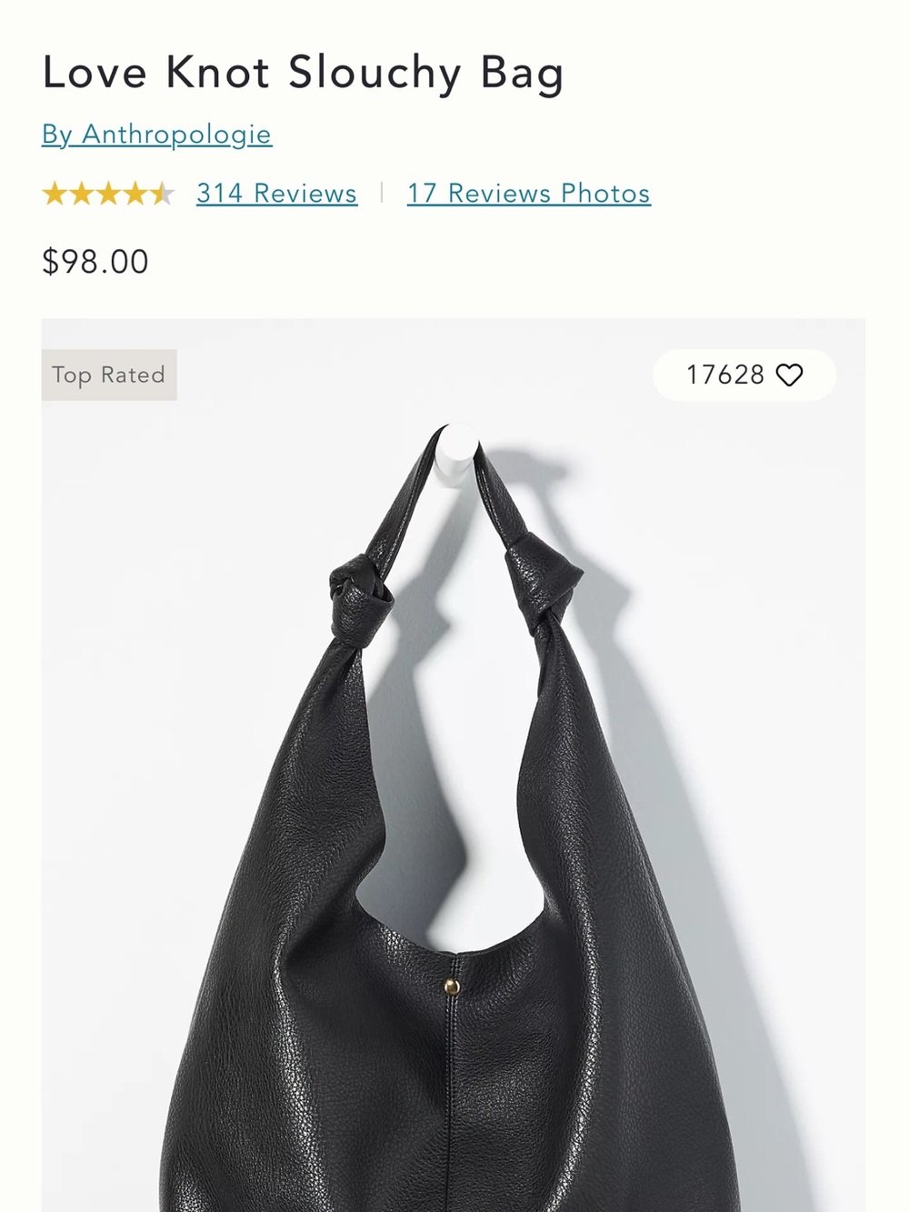 Anthropologie Black Slouchy Hobo with Knotted Strap